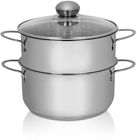 Krüger Edelstahl-Kartoffeldämpfer mit Glasdeckel - Bio-Dünster mit praktischem Schüttrand & energiesparendem Kapselboden - Topf für wasserarmes Garen & fettarmes Braten (20 cm)