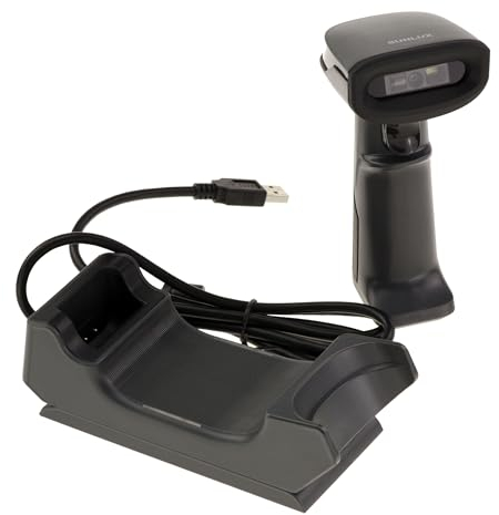 KALEA-INFORMATIQUE Handheld Scanner 1D Barcode-Leser Typ EAN und 2D Codes Typ QR Code. Kabellos, 100 m Reichweite, wiederaufladbarer Akku, auf Sockel.