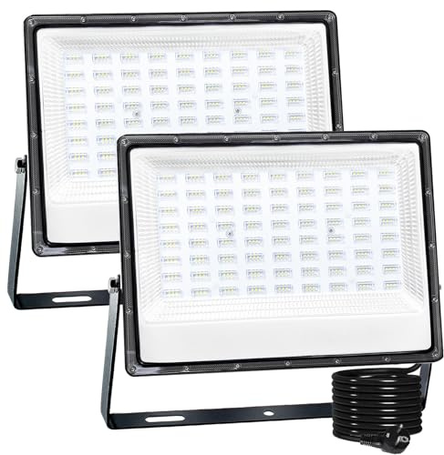 CREATESTAR Focos LED Exterior 200W, Proyector LED Exterior 2 Piezas, foco exterior de 20000LM Floodlight IP66 Impermeable, foco blanco frío de 6500K, luz de inundación para jardín, almacén, patio
