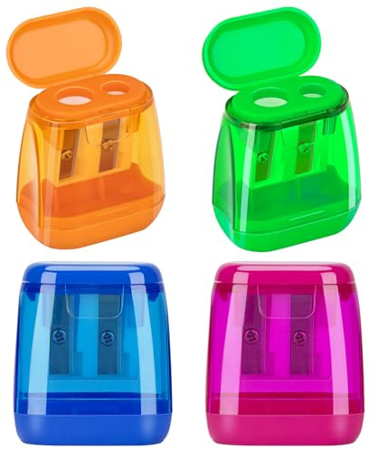 JEFURE Sacapuntas con depósito, 4 sacapuntas con doble orificio y tapa, 4 colores Appuntalapis para lápices gruesos y finos, sacapuntas con recipiente para niños, escuela, oficina