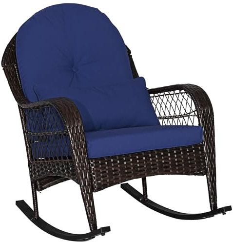 COSTWAY Garden Rattan Rocking Chair, Wicker Rocking Armchair Relax Rocker Lounge Chair with Lumbar Pillow & Cushion, Outdoor Furniture Patio Rocking Seat for Porch Lawn Deck (Navy, 99x72x90cm)