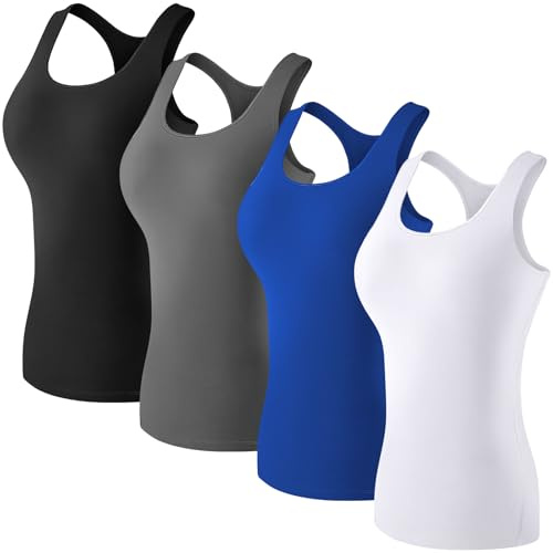 Coume 4 Pack Women's Compression Tank Tops Workout Racerback Tops Basic Sleeveless Athletic Yoga Shirts(Black/Gray/Blue/White,L)