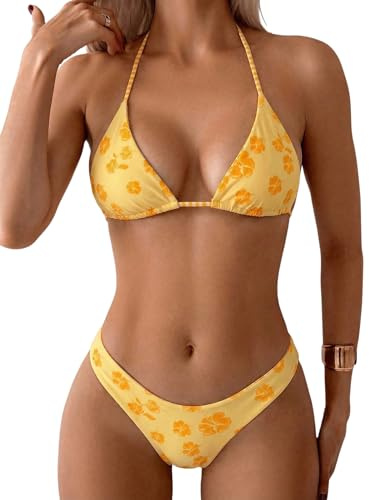 MakeMeChic Women's Polka Dots Triangle Thong Bikini Sets Floral Cute Bathing Suit Swimsuits Yellow Medium