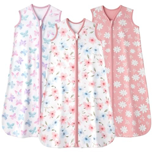 FIEMOL Baby Schlafsack 6-12 Monate 0.5 Tog Tragbare Babydecken aus Baumwolle, 3er-Pack Atmungsaktiver Sommer Schlafsack für Neugeborene 66-76 cm Rosa Schmetterling