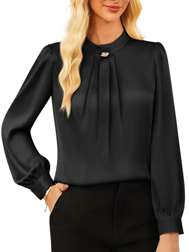 GRACE KARIN Women's Elegant Satin Blouse Long Sleeve 2025 Fall Top Classic Formal Dressy Blouse for Hip Skirt Black L