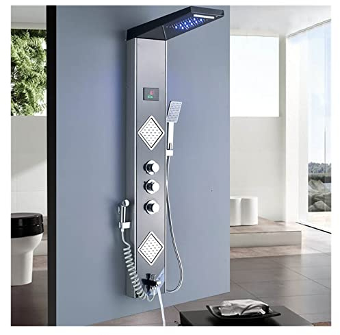 Duschpanel, Regnvattenfall Led-Duschpanel Svart Duschpelartorn Digital Skärm Temperatur 3-Grepps Blandare Spray Bidé Duschblandare（Black Grey Color）