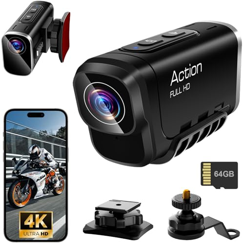 SecuraLen Action Cam 4K WiFi, Stabilisation à Double Objectif Camera Sport, 6 Heures D'enregistrement Camera Moto avec Carte MicroSD de 64 Go