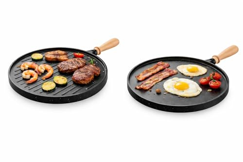 Camp&Fire Double Sided Griddle Pan | 35cm Granite Casting Round Grill & Flat Plate for BBQ, Gas Hob, Oven or Fire | Non-Stick Reversible Pan with Removable Handle, High Heat Resistant.