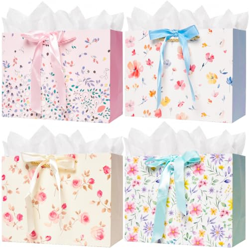4Pack Large Gift Bags for Present,4 Assorted Floral Design,26x 32 x 12CM