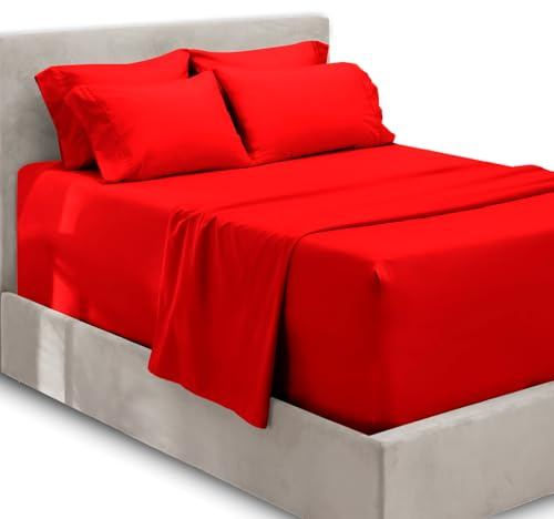 Hearth & Harbor Fits Mattress up to 21, Double Brushed Bedding Sheets & Pillowcases, Microfiber, Cherry Red, Queen