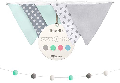 lilime® Wimpelkette Inkl. GRATIS Girlande ideal für Dekoration im Kinderzimmer - Unsere Wanddeko für Dein Kind - Super süße Deko für jedes Babyzimmer (1.9M/Grau-Weiß-Mint)
