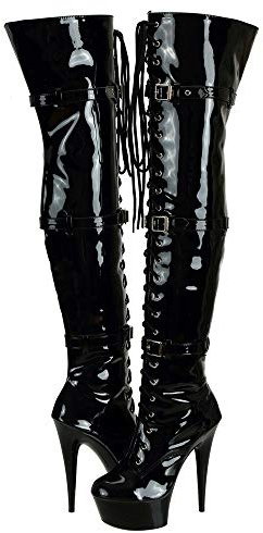 Women's Patent Leather Lace Up Side Zip Platform Over The Knee Thigh High Heel Boots Black UK Size 5