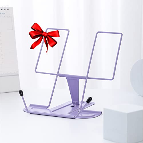 Book Stand for Reading, MSDADA Recipe Book Holder Cookbook Stand for Kitchen, Adjustable Metal Document Holder for Desk Textbook Presentation Material Tablet Music Book Stands for Display(Purple)