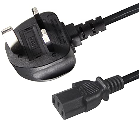 KUNCAN UK mains power cord, 5FT 3 prong UK Plug BS 1363 to IEC C13 Kettle Lead PC power cord laptop charger cord, 250V 5A fused, 1.5m black