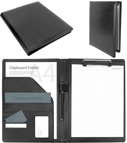 AZKEEGREY 2 Stück Leder Klemmbrett Mappe A4 mit Deckel, A4 Schreibmappe Schwarz Konferenzmappe Aktenmappe Arbeitsmappe mit Taschen, Ordner Klemmmappe Organizer
