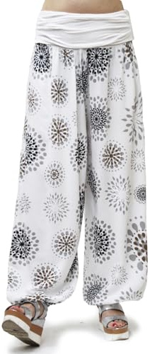 Glamexx24 Haremsbyxor för kvinnor, lätta pumpbyxor, Aladinbyxor, sarouelbyxor, yogabyxor, pluderbyxor, fritidsbyxor, sommarbyxor, Vit med cirkelmönster, XL-3XL