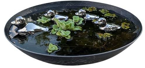 Storm's Gartenzaubereien Keramik Entenfamilie - 35cm graue Kunststoffschale - Elegante Dekoration Silber - Miniteich Set - Balkonteiche - Schwimmdeko für Teich