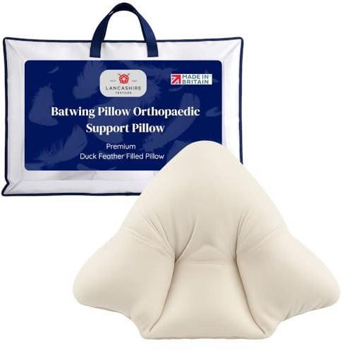 Lancashire Textiles Orthopaedic Duck Feather Batwing Pillow - Made in Britain, Back & Lumbar Support, RDS Certified Duck Feather Filling, Cotton Casing, Polycotton Cream Cover, 29x33 Bed Pillow