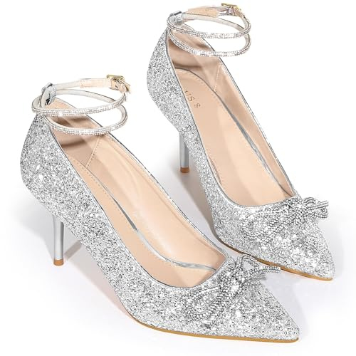 Perphy Rhinestone Bow Glitter Pointed Toe Stiletto Heel Pumps for Women Silver 5 UK/Label Size 7 US