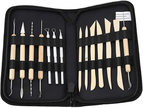 Lrocotanc Set di 14 Strumenti per Argilla e Ceramica – Strumenti Professionali in Legno e Acciaio per Modellare, intagliare e Creare – Include Custodia da Trasporto