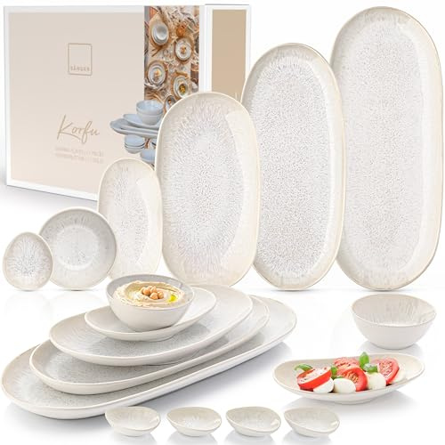 SÄNGER | Servierplatten Korfu 11 tlg, Schalen & Teller Set, Geschirrset Steingut inkl. Servierplatten & Dip Schalen, Servierset Spülmaschinenfest Creme mit sandiger Maserung| PREMIUM COLLECTION