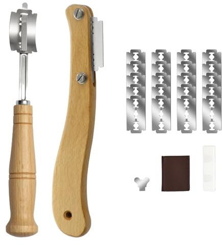 TTSTOIEE coltello pane – 2 coltelli da pane professionali + 20 lame sostituibili + custodia protettiva in pelle, grattugia pane con manico antiscivolo in legno, affilato e resistente
