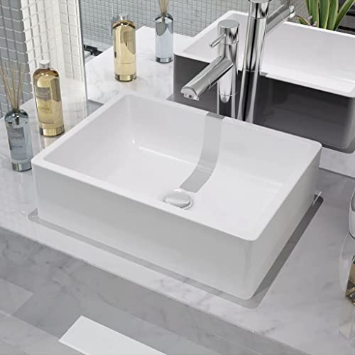 Lavabo da Appoggio in Ceramica Bianca, Design Moderno con Smaltatura Lucida, Lavabo Bagno Sottopiano, 41 x 30 x 12 cm