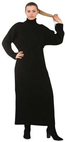 janisramone® Womens Ribbed Knitted Maxi Dress Funnel High Neck Long Sleeve Jumper Dress Warm Pull Over Comfortable Long Knitted Jumper Dresses Black