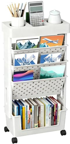 Huucozn Scaffale per Libri Mobile 5 Livelli Carrello Portaoggetti Libreria con Ruote Organizer Carrello Scaffale con Ruote Carrello per Libri Piccolo per Soggiorno Biblioteca Cucina Ufficio, Bianco