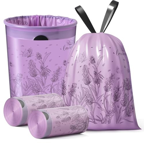 Lavender Scented Bin Liners with Drawstrings, 10-15L Small Trash Liners Bag 100Pcs Durable Leak-Proof for Home Office Kitchen Bathroom,Scented Bags Keep Your Bin Smelling Fresh and Odor-Free 45*50CM