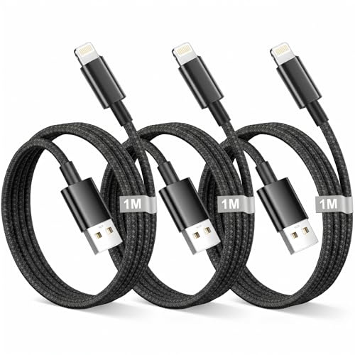 iPhone-laddningskabel 1 m,3-pack,[MFi-certifierad] USB-A till Lightning-kabel med nylonflätning,snabbladdningskabel för iPhone 14,13,12,11 Pro/Pro Max,X/XR,8,7,6,5,SE,iPad och iPod