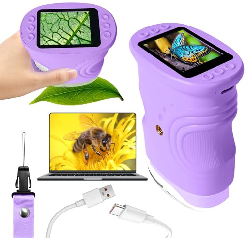 Digitalt mikroskop för barn, 1 000 x bärbart fickmikroskop med 4K 2,0 tum skärm barn mobiltelefon mikroskop förstoringsglas, stöder foto och videofunktioner minimikroskop för vuxna/barn, lila