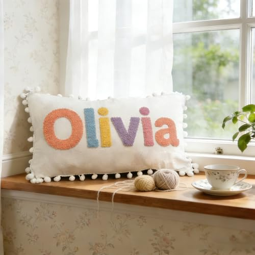 GLHFLMAO Cuscino Boho con Pom Pom Fatto a Mano da Sartori Esperti, Tessuto Ultra Morbido, Ricamo Personalizzato del Nome, Decorazione Personalizzata per Cameretta dei Bambini, Delicato sulla Pelle del