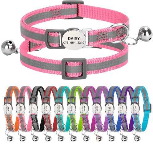 Personalised Reflective Cat Collar with Name Tag,Quick Release Kitten Collars with Bell Safety Buckle, Adjustable Nylon Cat Collar for Cats Kittens UK Prime (Adjustable 19–30 cm, Pink Strip)