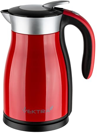 Vektra VEK-1701R Vacuum Insulated Environmentally Eco Friendly Easy Pour Cordless Kettle, 1.7 Litre, Red