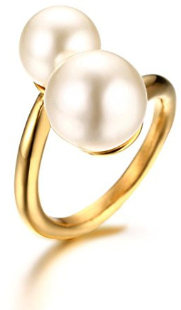 Hisatan Double Simulated Pearl Wrap Ring: Gold Plated Stainless Steel Large Statement Ring for Women, Size 9