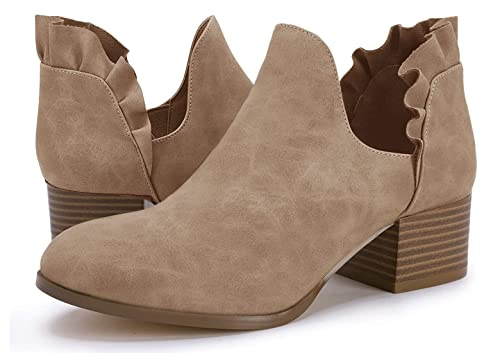 Womens Fall Booties Ankle Heels Cutout Low Stacked Ruffle Slip On Dress Short Boots Shoes