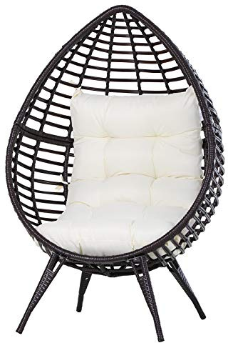 Outsunny Patio Wicker Egg Chair w/Soft Cushion, Teardrop Cuddle Seat, Outdoor/Indoor Patio Chair, PE Plastic Rattan Furniture with Adjustable Height Feet Pads, Beige