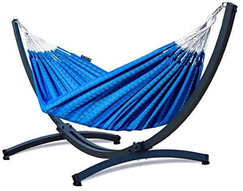Potenza Outdoor Hängematte mit Aluminium Gestell für 2 Personen I 100% Baumwolle Morena - Doppelhängematte 230x160 cm, 220kg I Hängemattengestell 200kg, wetterfest (Blau, Basic Gestell Graphit)