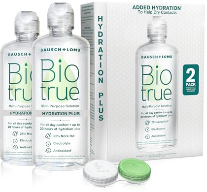 Biotrue Hydration Plus Contact Lens Solution with Lens Case, Multi-Purpose Solution for Soft Lenses, Hydrates with Hyaluronan, Cleans, Clears, and Disinfects for All-Day Comfort, 10 Fl Oz (Pack of 2)