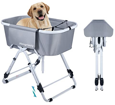 Hengriacly Pieghevole Vasca da Bagno per Cani, Altezza Regolabile Vasca da Bagno per Animali Domestici, capacità 65 kg, Bagno per Cani e Gatti di Piccola e Media Taglia - Grigio