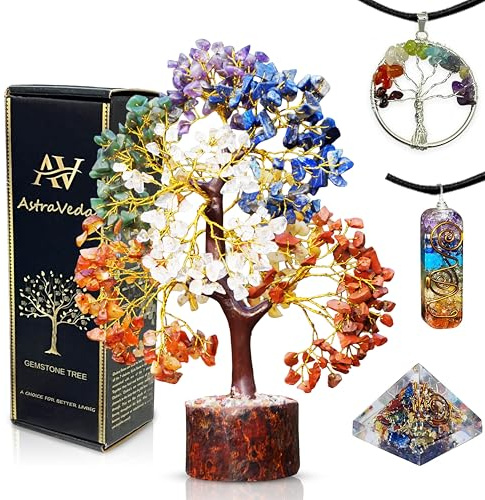 AstraVeda 500 Bead Chakra Tree with 2 Pendants and Mini Pyramid Gift Set | Detailed 500-bead chakra crystal tree with two pendants and one mini pyramid, a coordinated natural gemstone gift set