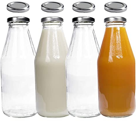 mikken Lot de 4 bouteilles en verre de 500 ml avec couvercle argenté + 4 couvercles de rechange et 4 étiquettes