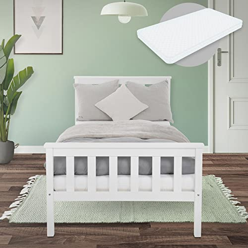 ML-Design Träsäng 90x200 cm vit med madrass H:16cm, furu, massiv träbädd med spjälram och fötter, enkelsäng med huvudgavel och fotgavel, säng för barn och vuxna, barnsäng ungdomssäng