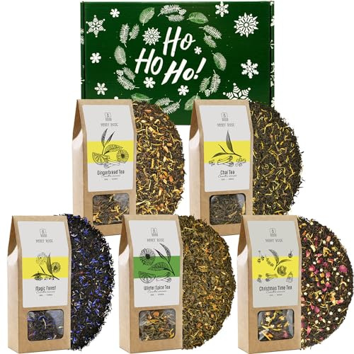 Service cadeau avec thé Mary Rose | Thé réchauffant l'hiver | Thé noir, thé vert, assam, yunnan | Clous de girofle, gingembre, cannelle, cardamome | 5x50g