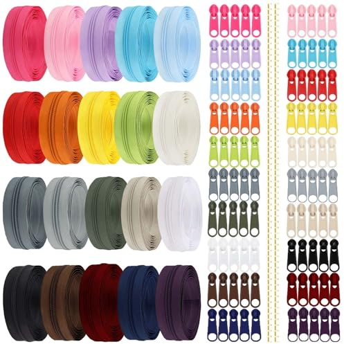 Cnwinu 60M Reißverschluss Endlosreißverschluss mit Zipper, 20 Farben DIY Reissverschluss Teilbar mit 100 Schieber, Reißverschluss Reparaturset für Nähen, Basteln und Tasche (20 Farbe)