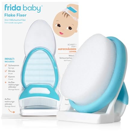 Frida Baby DermaFrida FlakeFixer | 3-teiliges Set gegen Milchschorf bei Babys | Mit Schwamm, Bürste, Kamm & Ständer | Sanfte Kopfhautpflege ab Geburt | Beruhigt & entfernt Schuppen schonend