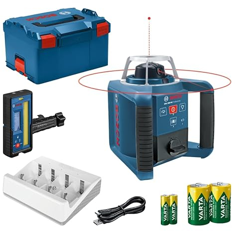 Bosch Professional Rotationslaser GRL 300 HV (roter Laser, Laserempfänger LR 45, Arbeitsbereich: bis zu 300 m (Durchmesser), wiederaufladbare Batterien (2xD, 2xAA), Ladegerät, in L-Boxx)