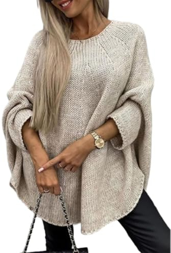 QKCQQTS Suéter Elegante de Punto Tipo Capa para Mujer, suéter Tipo Poncho Informal Holgado, suéter Tipo Capa para Mujer, suéter Tipo Chal de Punto a la Moda (S/M,Apricot)