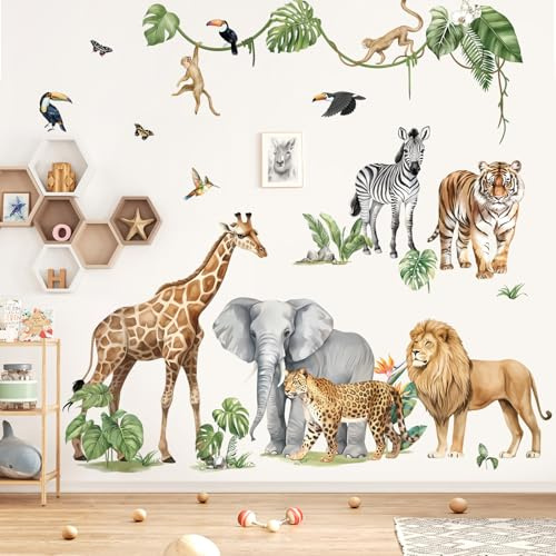 decalmile Large Safari Elephant Giraffe Wall Decals Jungle Animals Lion Leopard Zebra Wall Stickers Baby Nursery Kids Room Wall Decor